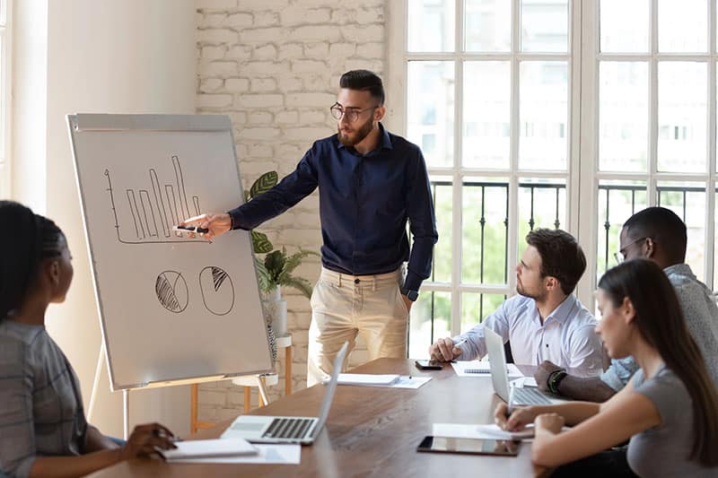 Diverse business people listen speaker coach giving flip chart presentation Diverse business people group listen to male speaker presenter coach giving flip chart presentation at lecture training workshop meeting in office explain corporate growth strategy in conference room.